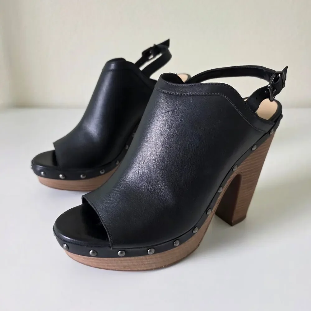 Jessica Simpson Black Leather Platform Heels Peep Toe Clog Sandals Women 7.5M